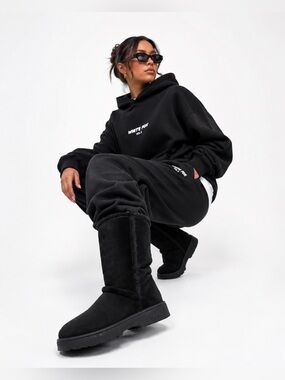 UGG | Sunburst Tall Black Suede Boots with Shearling Trim NEW
